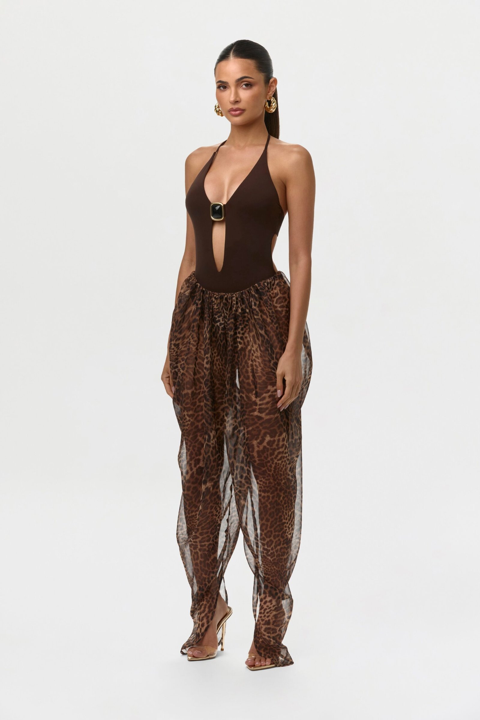 Chiffon Print Shirred Pants