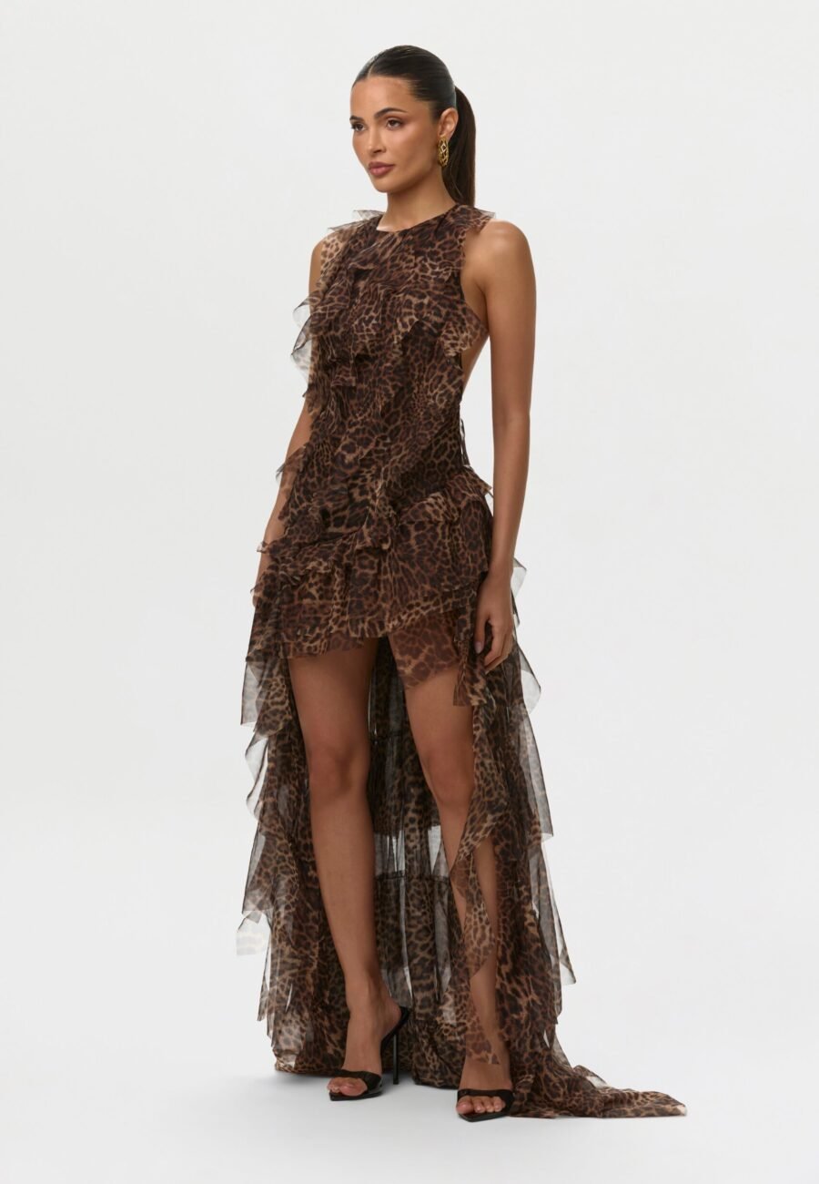 Chiffon Print Asymmetric Ruffle Dress